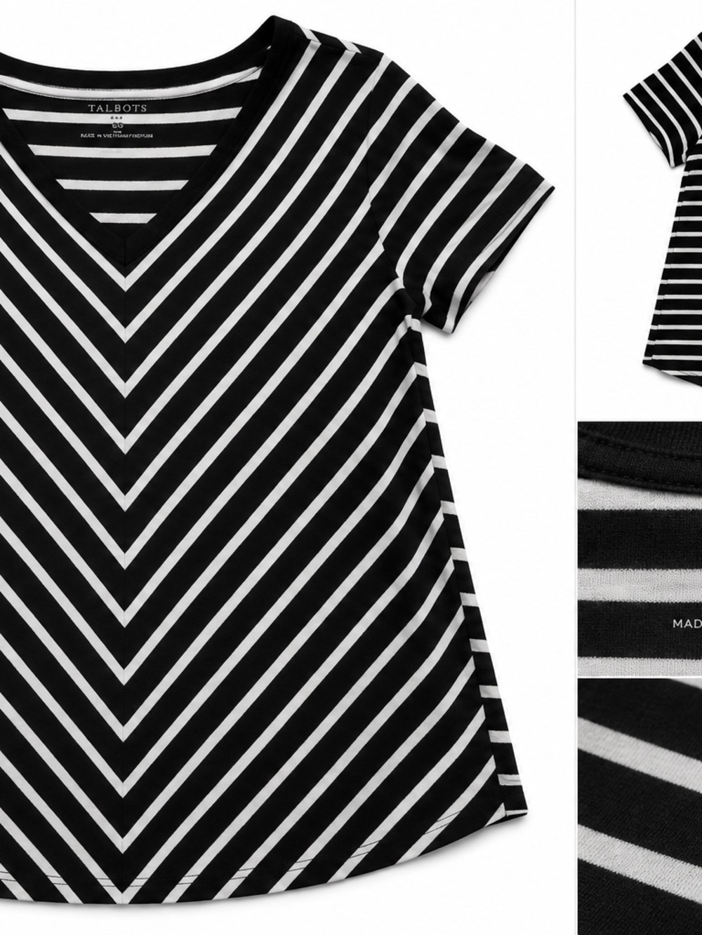 Talbots Black and White Chevron V-Neck Tee